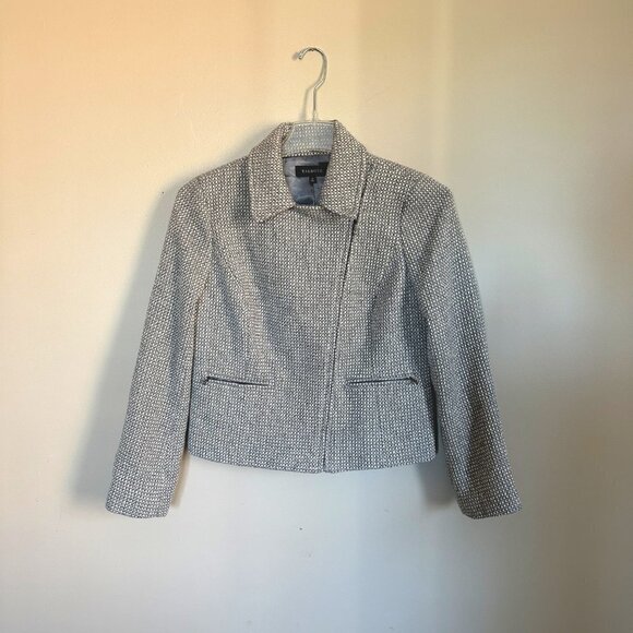 Talbots Cropped Tweed Julienne Metallic Wool Moto Jacket Grey Silver size 8 - Picture 2 of 11
